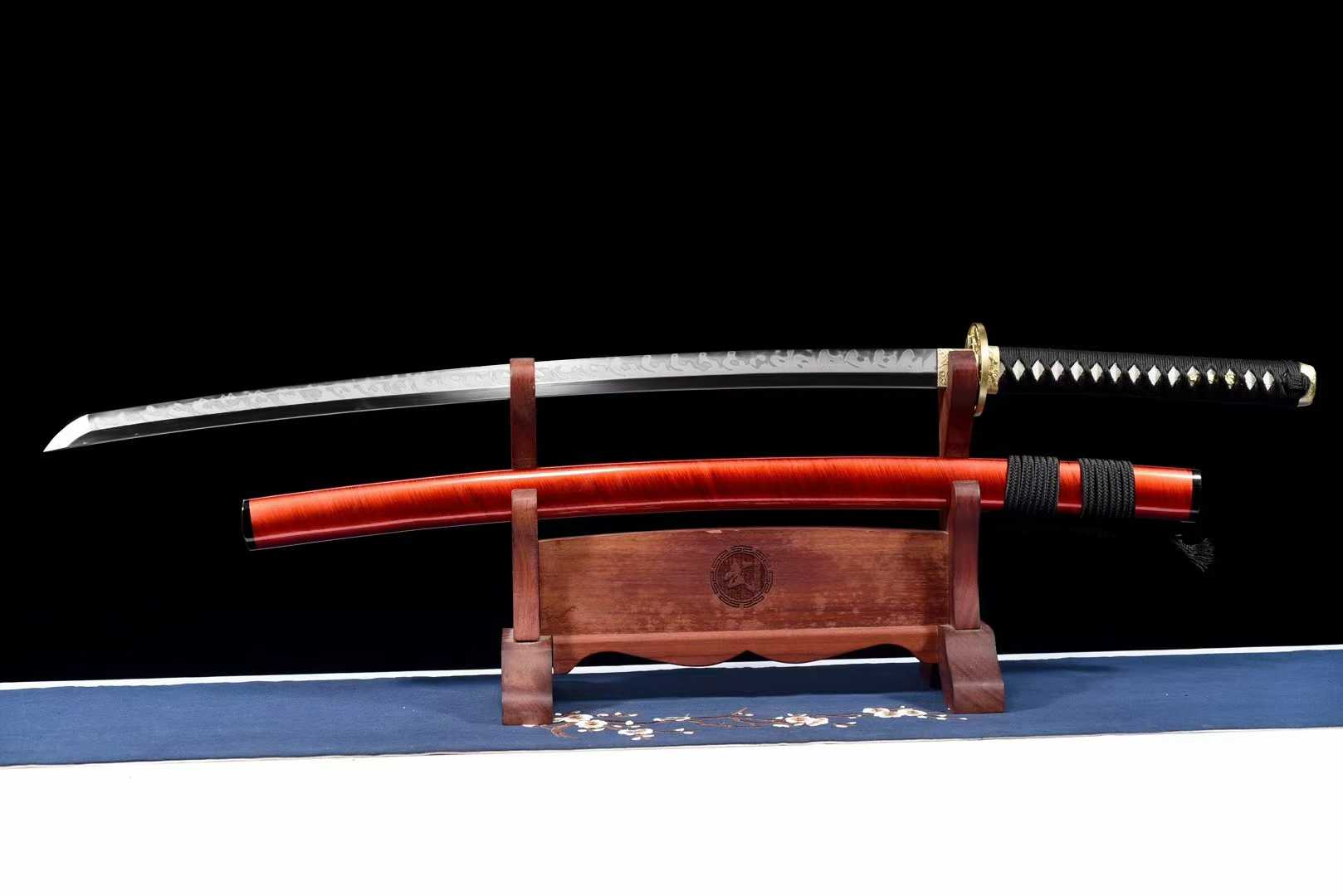 Kiếm Nhật Katana Đỏ Anh Đào – Lưỡi T10 Tôi Đất, Vân Tôi Chéo Độc Quyền